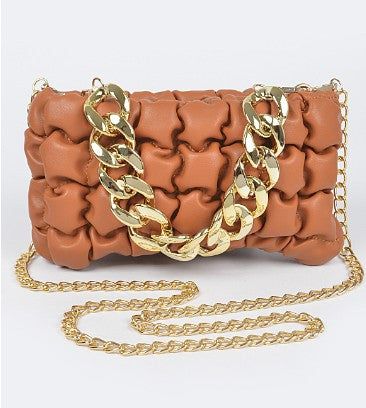 Quilted Faux Leather Chain Bag 8.5W*5H*2DPolyurethane, Mixed Metal Leather Shoulder Bag With Gold Chain For Party, Trendy Brown Clutch For Party, Brown Party Clutch With Chain Strap, Chic Brown Clutch With Chain Strap, Chic Faux Leather Shoulder Bag With Chain Strap, Chic Faux Leather Bag With Chain Strap, Trendy Leather Bags With Gold Chain, Trendy Leather Clutch, Trendy Brown Clutch