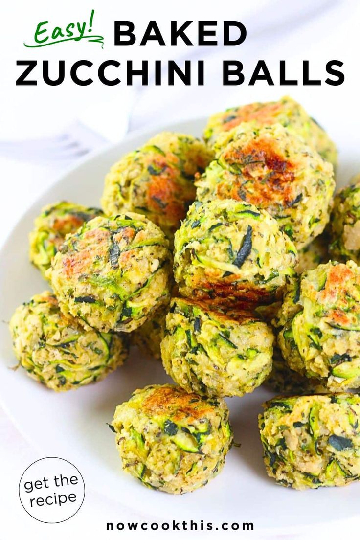 zucchini balls on a white plate with the words easy baked zucchini balls