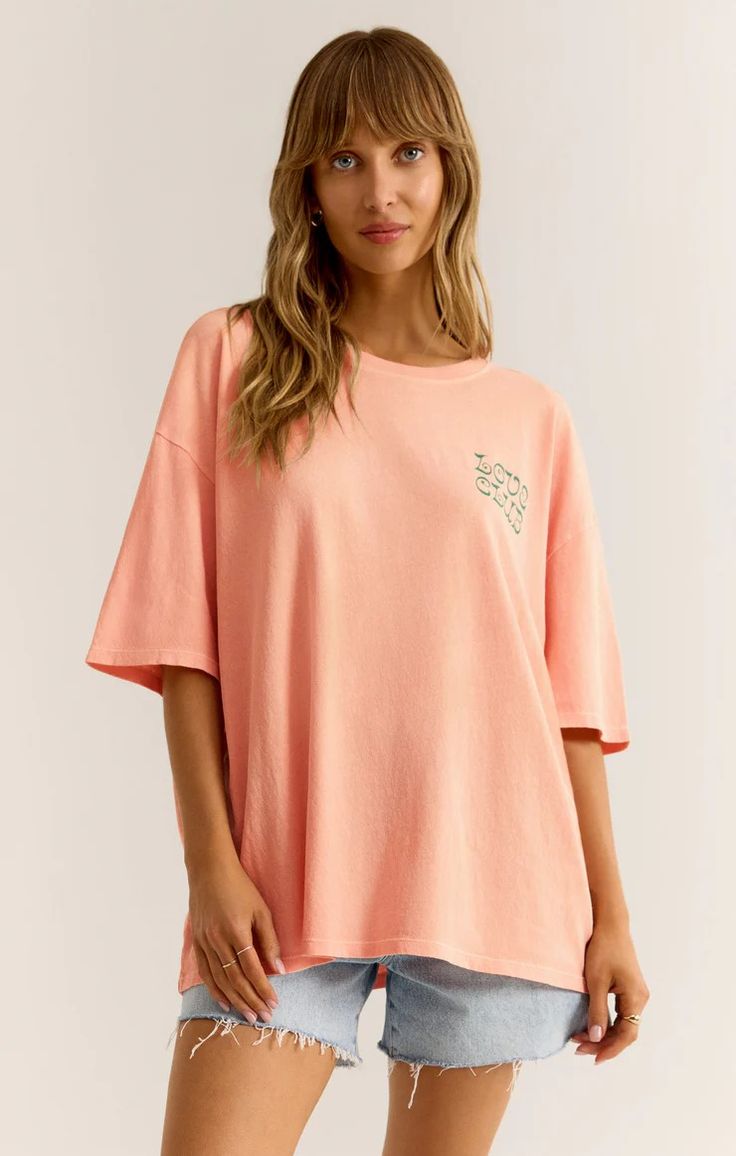 Love Club SoCal Oversized Tee – Z SUPPLY Relaxed Short Sleeve T-shirt With Screen Print, Relaxed Graphic Print T-shirt For Loungewear, Summer Crew Neck Top With Back Print, Spring Tops With Back Print And Short Sleeves, Oversized Relaxed Top With Graphic Print, Relaxed Oversized Top With Graphic Print, Retro Summer Tops With Back Print, Spring T-shirt With Back Print And Relaxed Fit, Spring Screen Print T-shirt For Loungewear