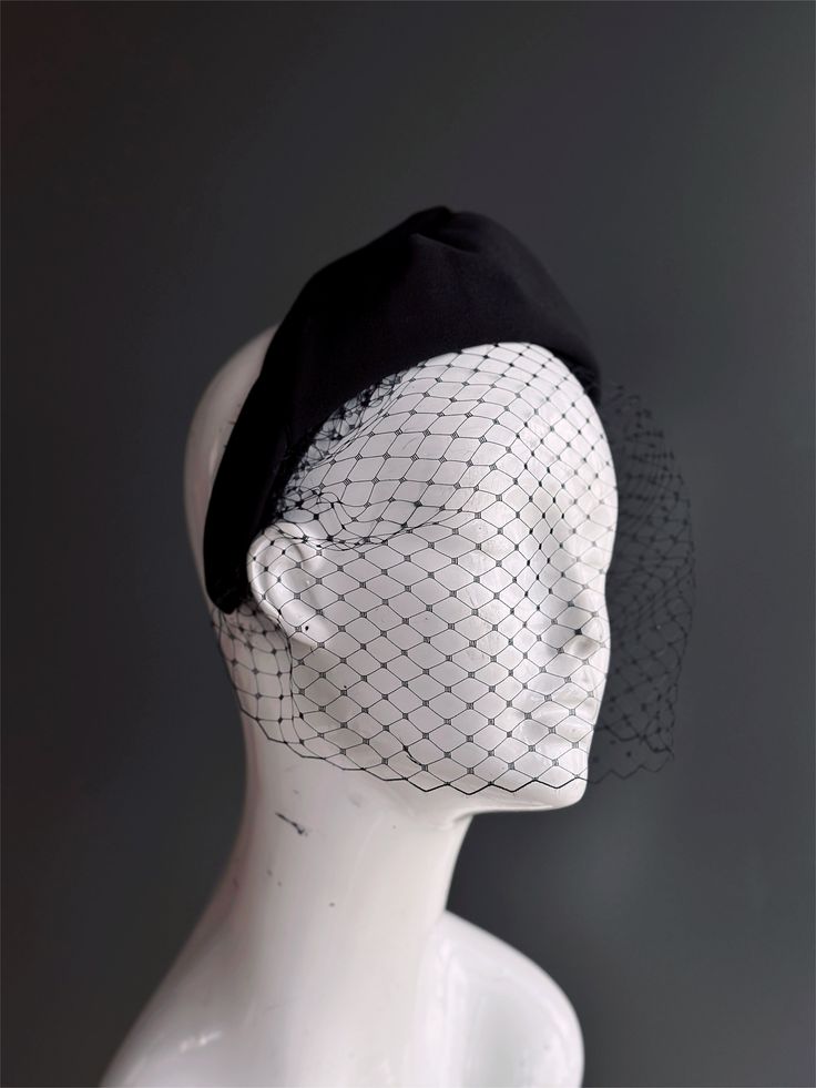 Headband with fishnet veil. Black Fascinator For Evening, Elegant Black Party Veil, Black Fitted Headband For Wedding, Elegant Evening Veil With Headband, Black Spring Headband Fascinator, Black Spring Fascinator Headband, Fitted Black Headband For Evening, Black Fitted Headband For Evening, Fitted Black Headband For Spring