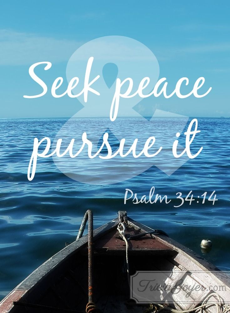 a boat with the words seek peace and pursue it in front of an ocean background