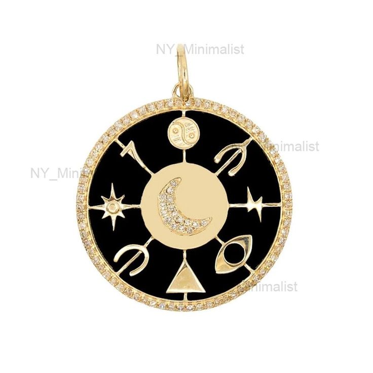 "This Pendant is made genuine SI clarity G-H color diamond with Black Enamel and 14K solid yellow/ rose/ white gold * SKU: NYM-8525 * Made to Order. * Gold Purity: 14K Solid Yellow Gold (stamped) * Custom Gold Color: Yellow, Rose, White Gold * Custom Gold Purity: 9K/14K/18K (Charges Apply) * Diamond 100% Genuine Diamond * Diamond Weight: 0.45 ct. * Diamond Color: G-H * Diamond Clarity: SI1- SI2 * Diamond Cut: Brilliant Cut (Excellent) * Black Enamel Weight: 1.50 ct. Product Measurements:- Disc S Symbolic Black 14k Gold Jewelry, Symbolic Black Necklace With Moon Charm, Black Symbolic Jewelry With Moon Charm, Symbolic Black Jewelry With Charms, Diamond Ear Cuff, Tiny Diamond, Charm Pendant Necklace, Diamond Fashion, Pricing Jewelry