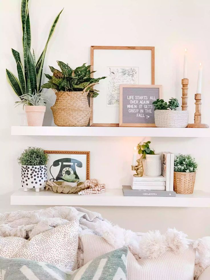 two white shelves with plants and pictures on them, one is filled with books while the other has candles