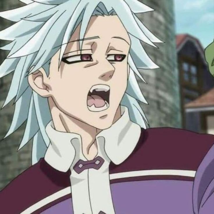 an anime character with white hair pointing his finger at something in front of the camera