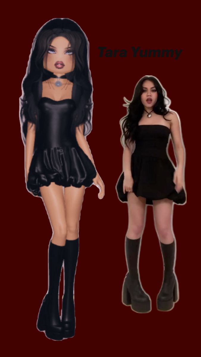 an image of a woman in black dress and thigh high boots standing next to each other