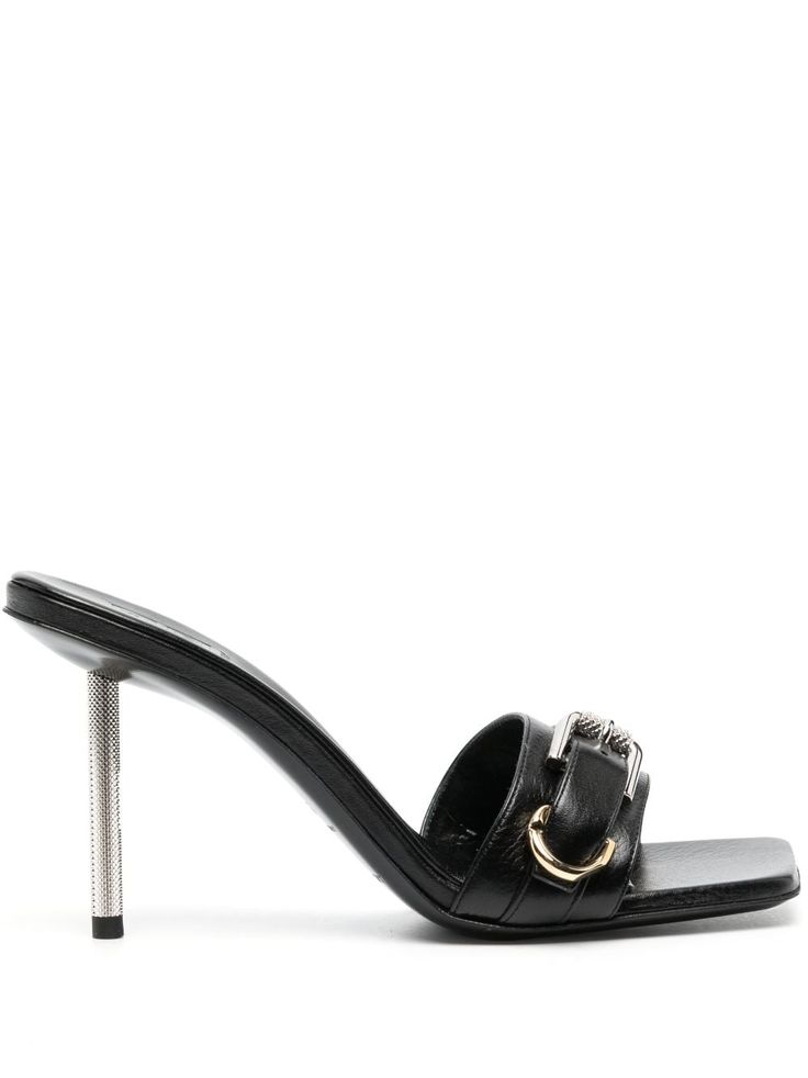 black calf leather decorative buckle detail slip-on style square toe open toe single toe strap branded insole 90mm high heel Givenchy Heels, Heart Shoes, Black Leather Sandals, Black Sandals Heels, Van Cleef Arpels, Leather Mules, Ballet Flat Shoes, Pump Sandals, Lady Dior