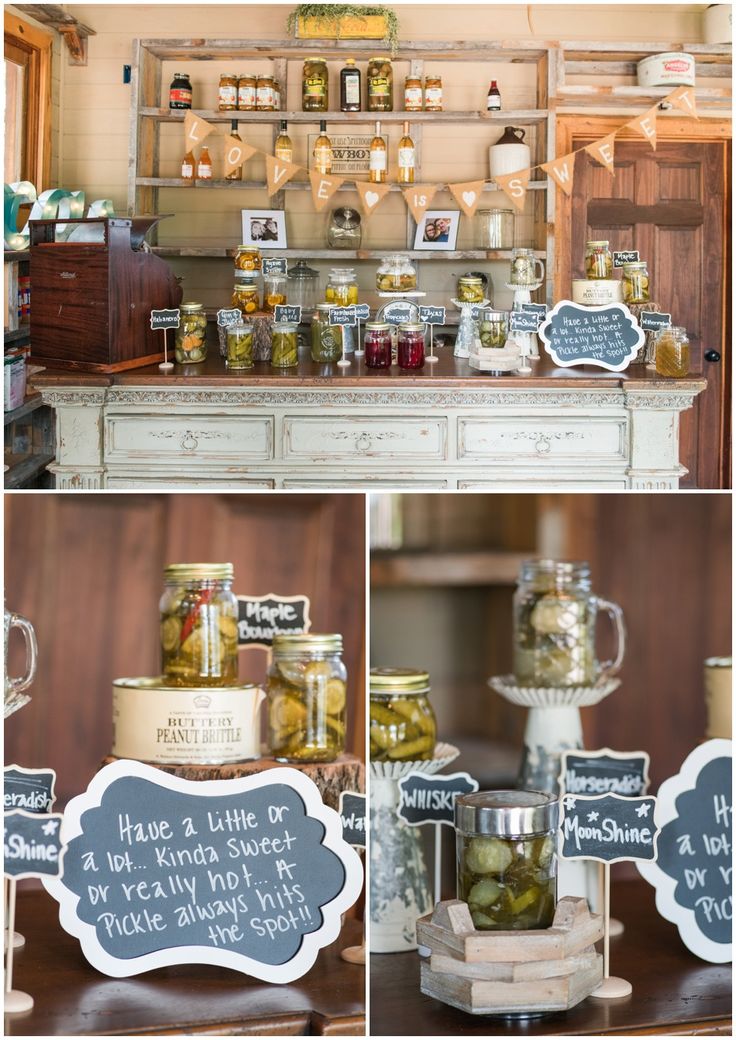 several pictures of jars with pickles in them and chalkboard signs on the wall