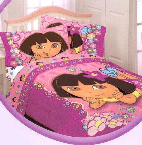 the dora girls bedding set is in pink with purple flowers and butterflies on it