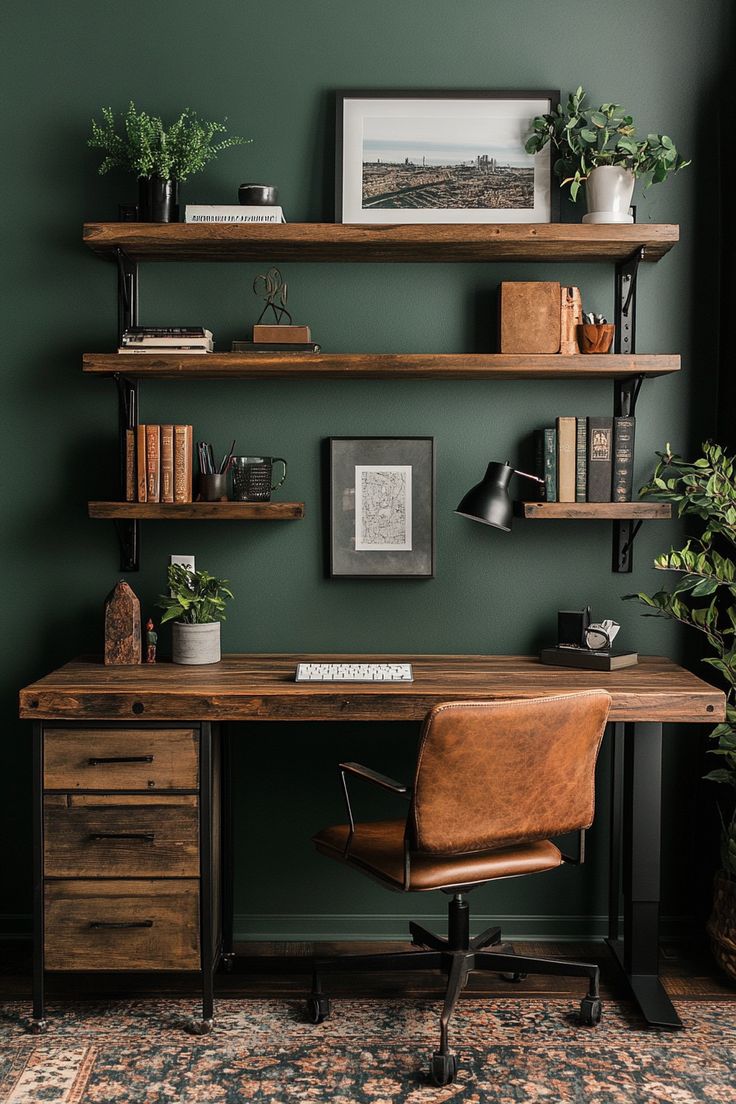 a home office with green walls and wooden shelves