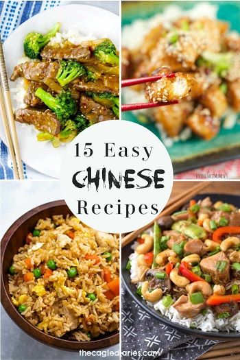 different chinese dishes with chopsticks in them and the words, 15 easy chinese recipes