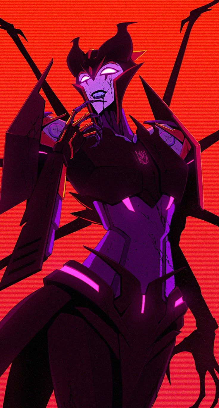 an anime character with purple hair and black makeup, holding two swords in her hands