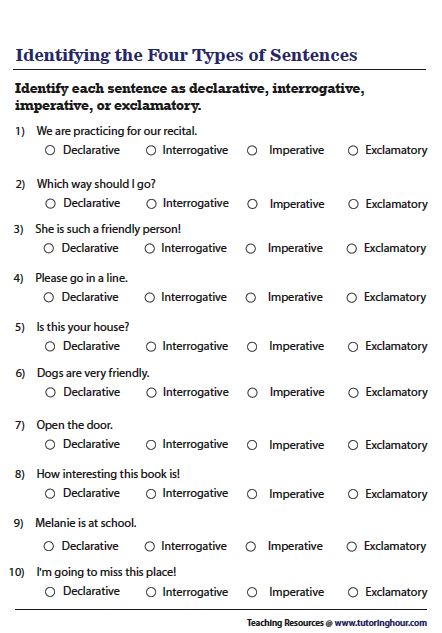 the four types of sentences worksheet for students to practice their writing skills