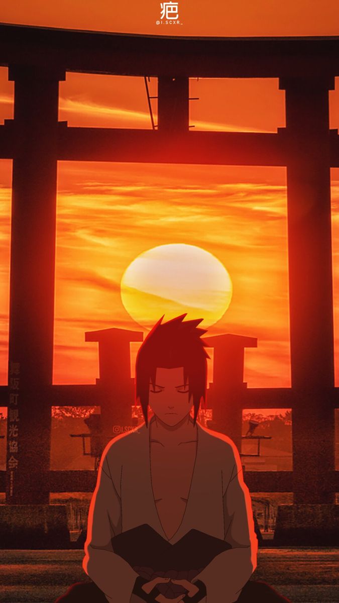 an anime character sitting in front of a sunset with the sun setting behind him and his eyes closed