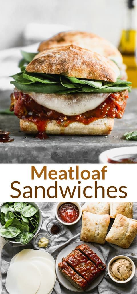 meatloaf sandwiches with sauces and bread on the side are shown in this advertisement