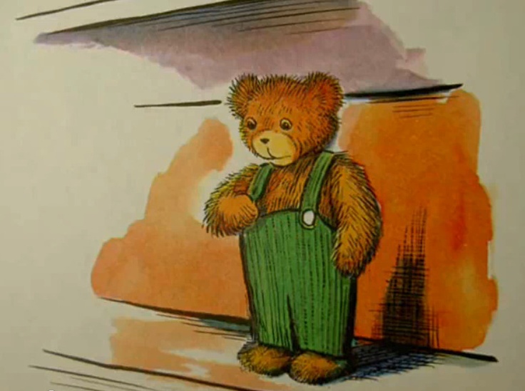 a drawing of a teddy bear standing in front of a wall with a trash can