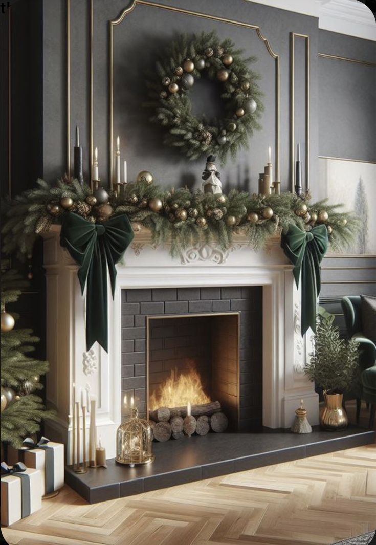 a fireplace decorated for christmas with candles and wreaths