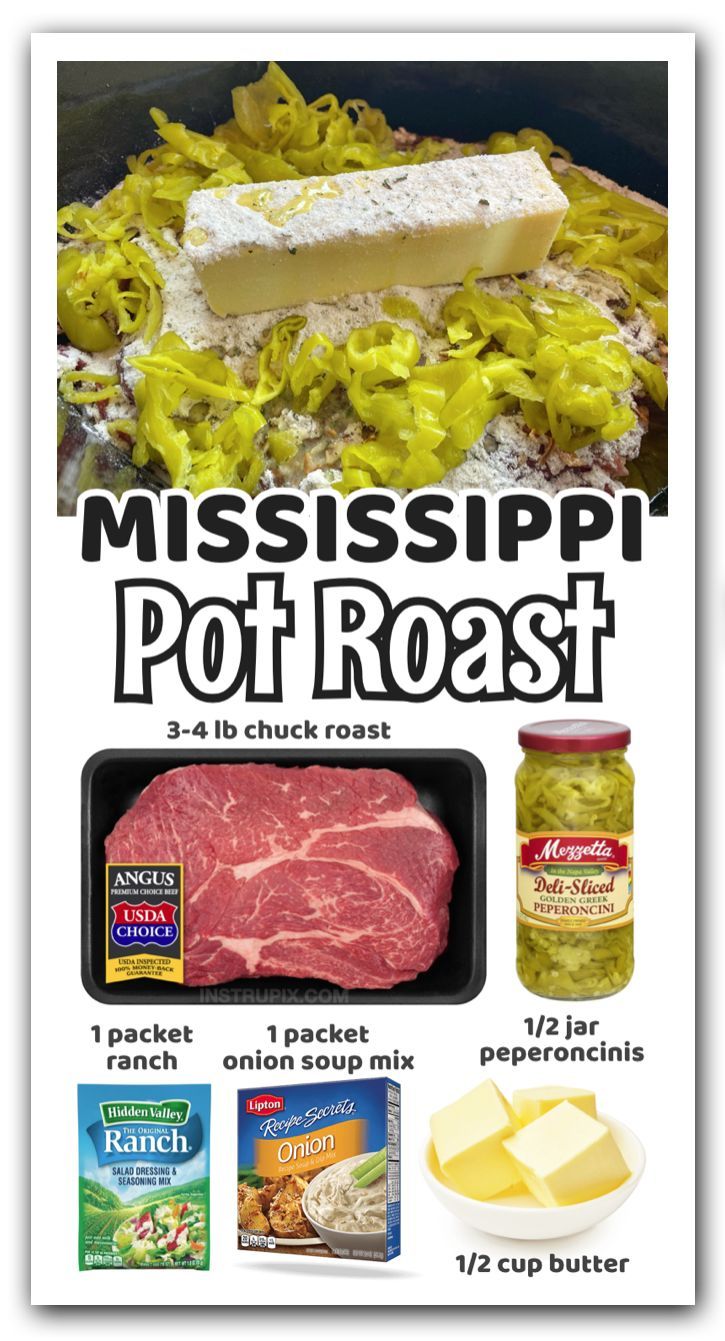 an advertisement for mississippi pot roast with cheese and other foods on it's side