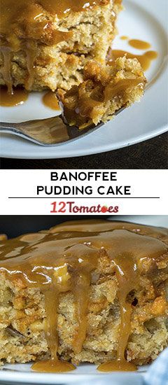 two pictures showing different types of cake on plates with caramel drizzles