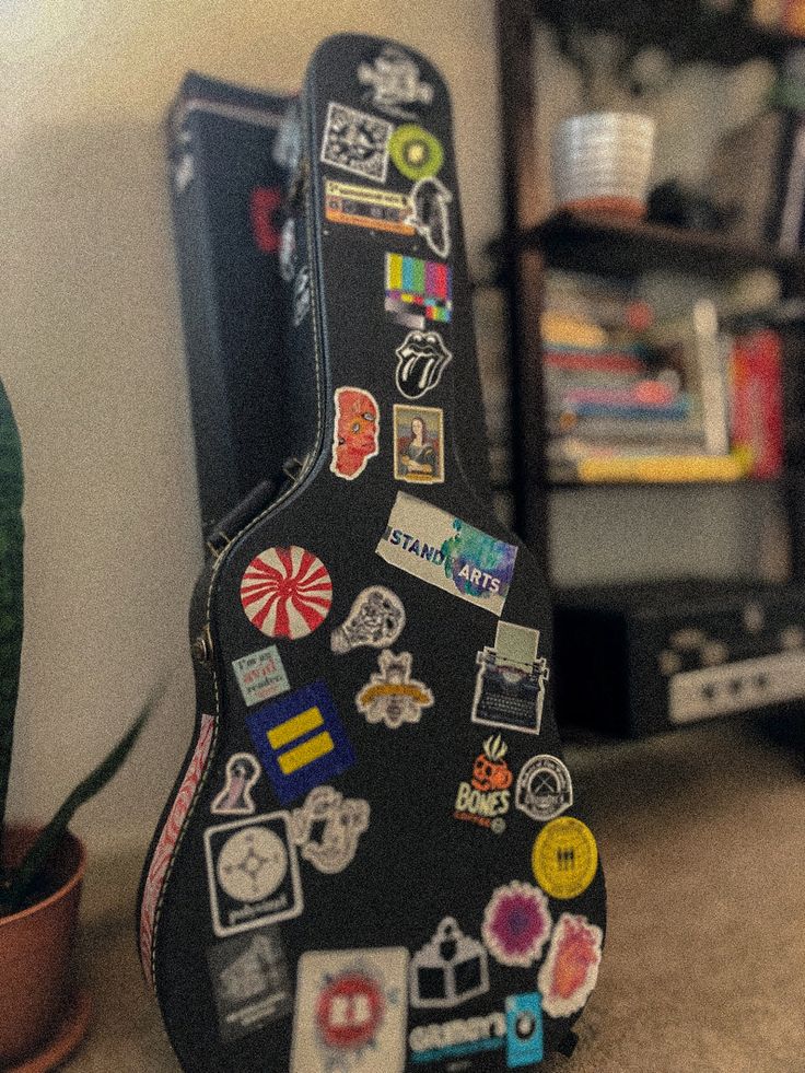 a guitar case covered in stickers next to a potted plant and bookshelf