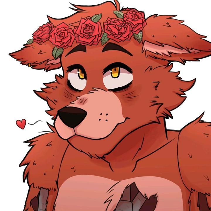 a drawing of a red fox with flowers on its head and chest, sitting in front of a white background