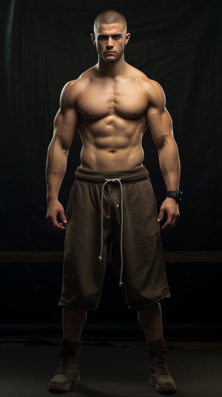 a man with no shirt standing in front of a black background wearing shorts and boots