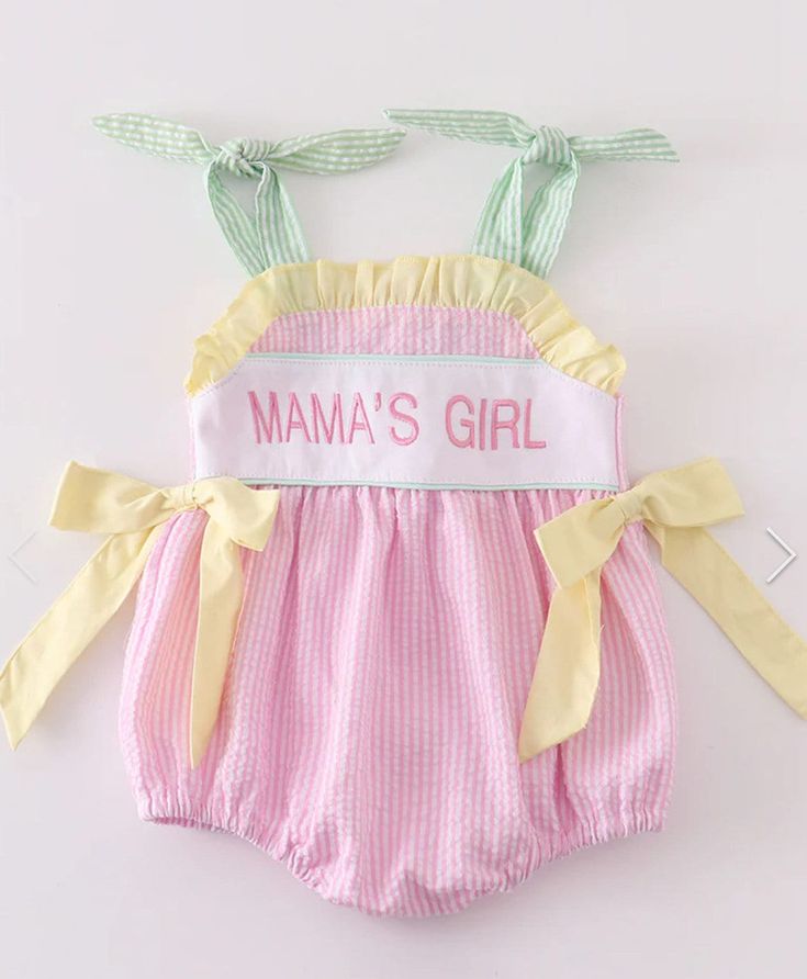 Embroidered Mama's Girl Seersucker Bubble Outfit New  Sizes 3 mo to 24 month  Sizes available  3 month 6 month 9 month 12 month 18 month 24 month Pink Cotton Bubble Romper For Playdate, Pink Sweet Cotton Bubble Romper, Sweet Pink Cotton Bubble Romper, Sweet Cotton Bubble Romper For First Birthday, Playful Gingham Bubble Romper For Spring, Pink Cotton Bubble Romper For Spring, Spring Gingham Bubble Romper With Ruffles, Spring Pink Cotton Bubble Romper, Cute Cotton Bubble Romper For First Birthday