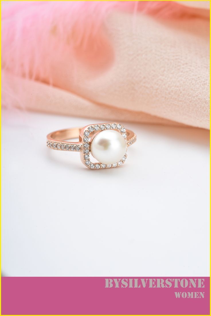 Pearl ring surrounded by zircon stones is an elegant beauty, ideal for those glamorous evenings. With a beautiful round pearl and rose gold for a stunning colour contrast. Pearl Gold Ring, Dainty Pearl Ring, Delicate Pearl Ring, 18K Solid Gold Ring, 14K Gold White Pearl Ring, Square Pearl Ring, Gift ideas for women. #pearlring #rosegoldring #womensring #giftideasforher Ring Gift Ideas, Pearl Gold Ring, White Pearl Ring, Colour Contrast, Ring Square, Gold Pearl Ring, Elegant Beauty, Solid Gold Ring, Solid Gold Rings