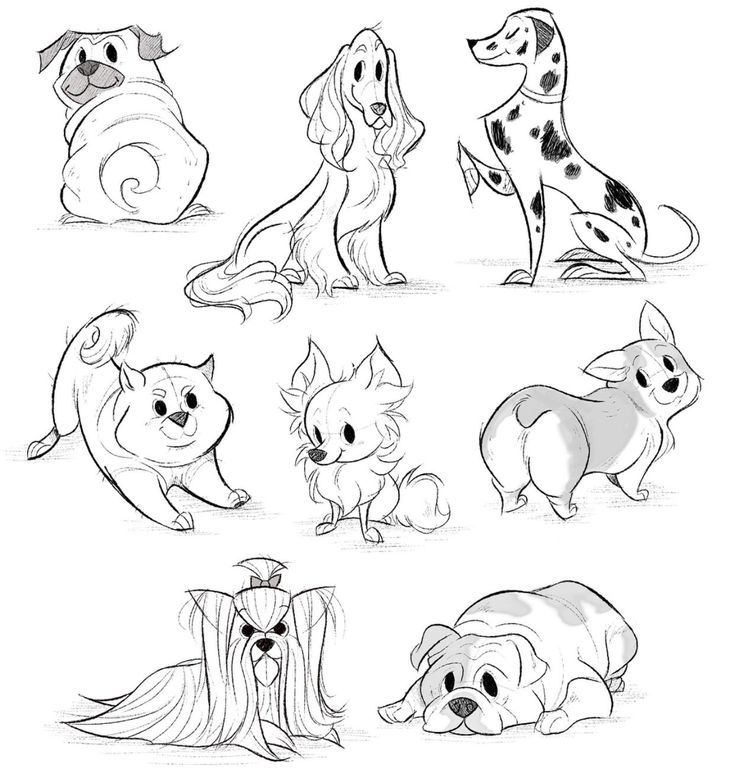 some cartoon dogs that are drawn in black and white, with one dog sitting on the ground