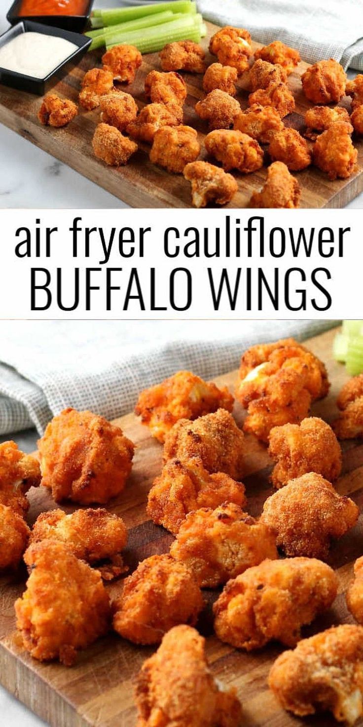 air fryer cauliflower buffalo wings on a cutting board