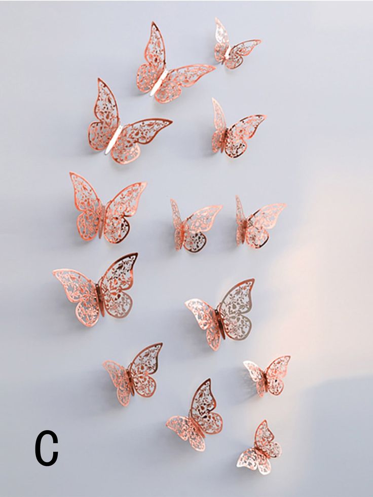 a group of pink butterflies on a white background with the letter c in black letters