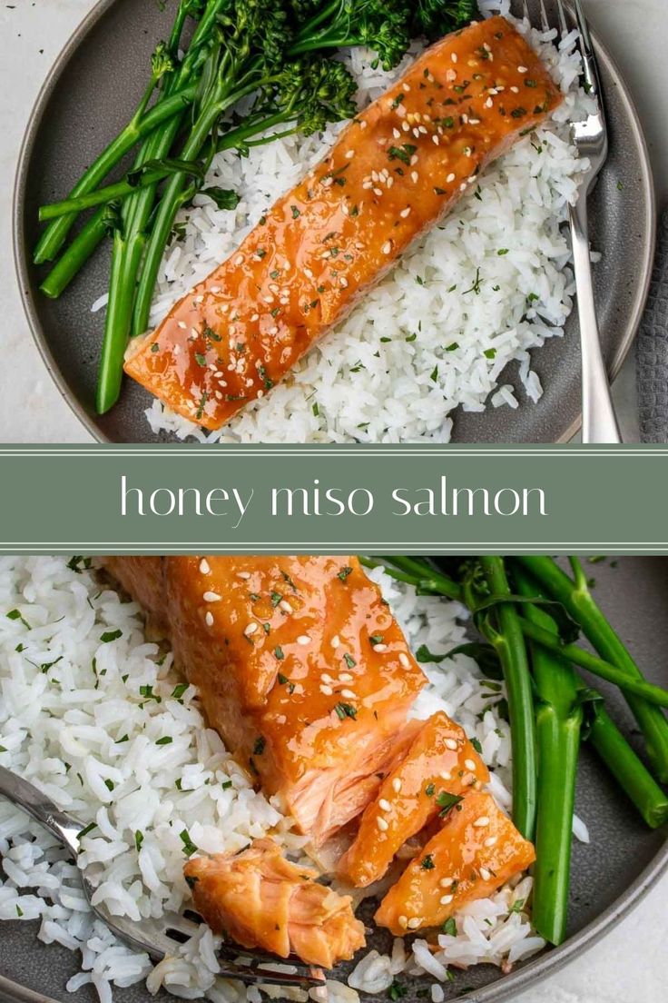 salmon and rice on a plate with broccoli in the background text reads honey miso salmon