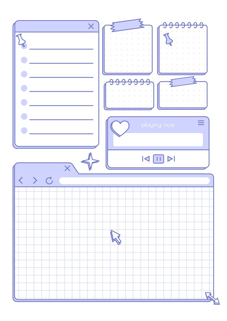 a blue and white planner page with notes, pencils, and hearts on it