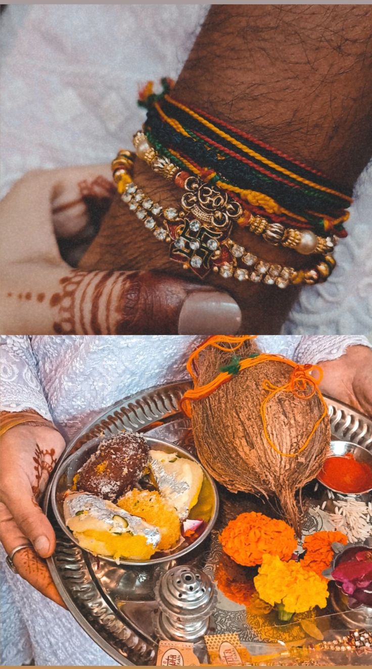 two pictures with different bracelets and food on the bottom one has an orange flower in it