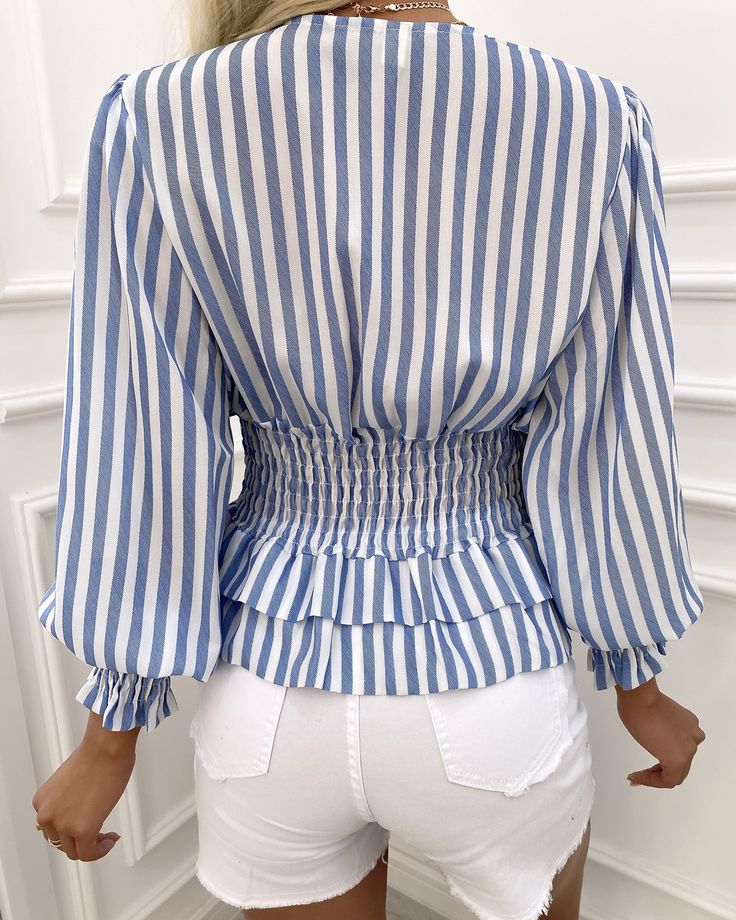 Striped Puff Sleeve Shirring Waist Top Online. Discover hottest trend fashion at chicme.com Office Wear Dresses, Dynasty Outfits, Fashion Work Outfit, Stylish Kurtis Design, Elegant Attire, Trendy Dress Outfits, Fashion Tops Blouse, Kawaii Dress, Pretty Blouses