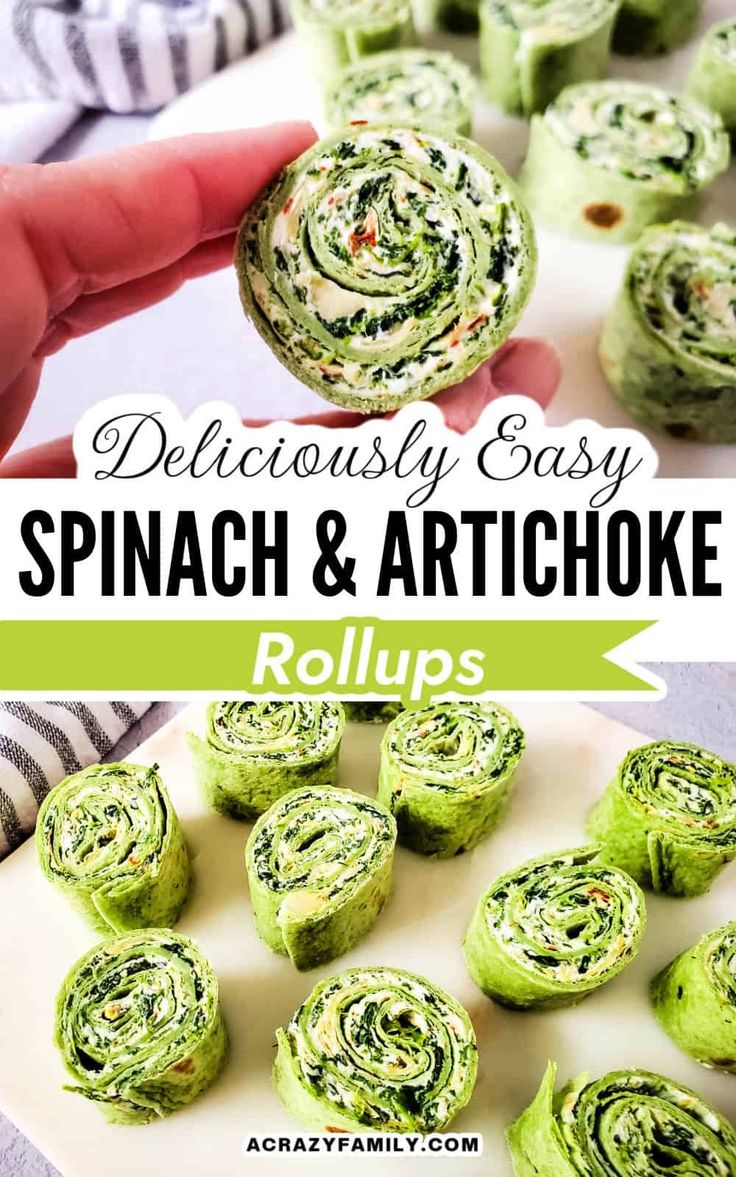 spinach and artichoke rolls on a plate with text overlay that reads delicious easy spinach and artichoke rolls