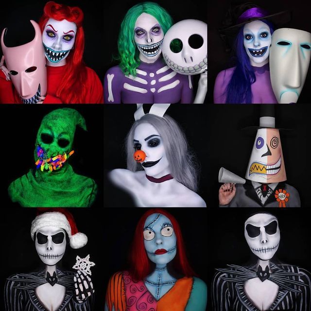 there are many different types of halloween costumes on this photo, including clowns and skeletons