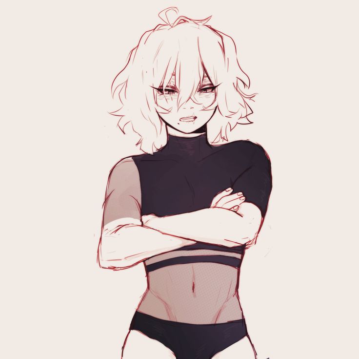 a drawing of a woman with her arms crossed in front of her chest, wearing a black bodysuit