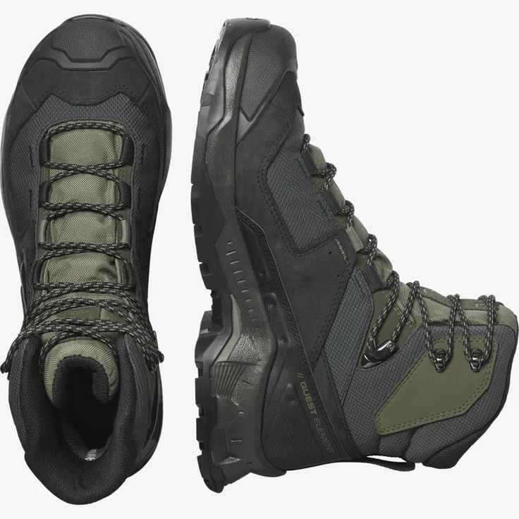 a pair of gray and green hiking boots