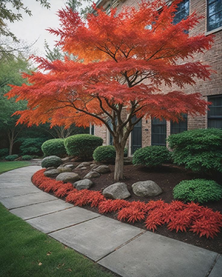 a tree with red leaves in front of a brick building and stone walkway leading up to it