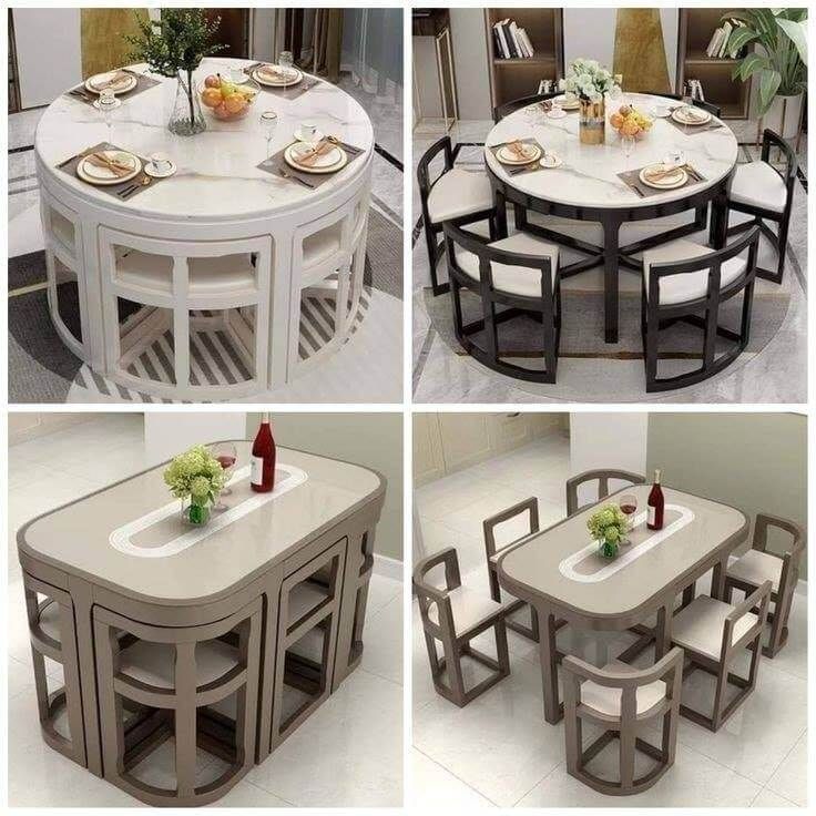 four different views of a dining table and chairs with plates on the top, side by side