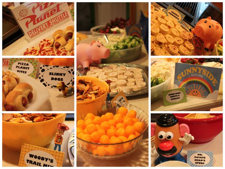 many different pictures of food and decorations on a table with pigs in the kitchen signs