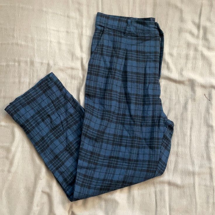 Blue Plaid Pants, Never Worn, Two Front Pockets Wide Leg Blue Pants For Business Casual, Blue Wide Leg Pants For Business Casual, Wide Leg Business Casual Blue Pants, High Waist Blue Bottoms For Business Casual, Casual Fitted Blue Dress Pants, Business Casual Blue Wide Leg Pants, Blue Fitted Casual Dress Pants, Blue Casual Bottoms For Business Casual, Blue High Waist Dress Pants With Pockets