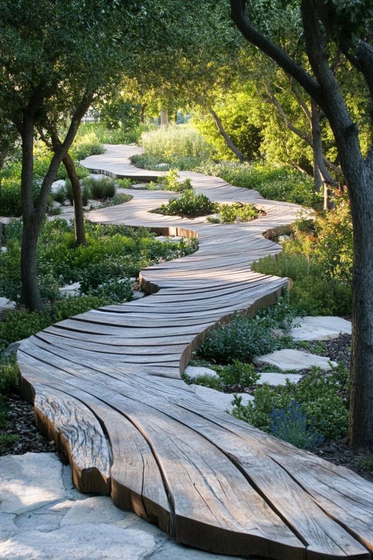 a wooden bench sitting in the middle of a forest filled with trees and rocks on either side of it