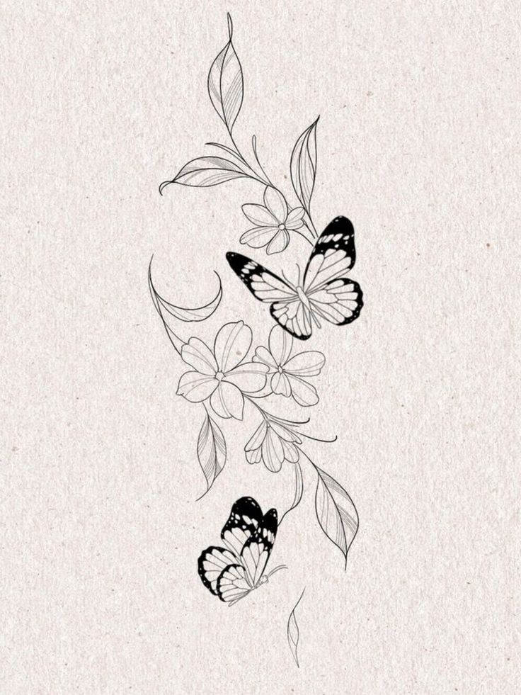 a drawing of butterflies on a branch with leaves