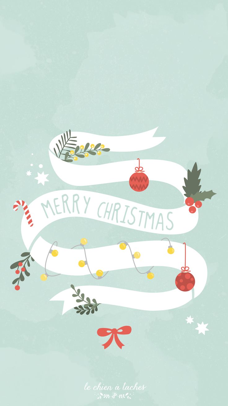 a merry christmas card with ornaments and ribbons