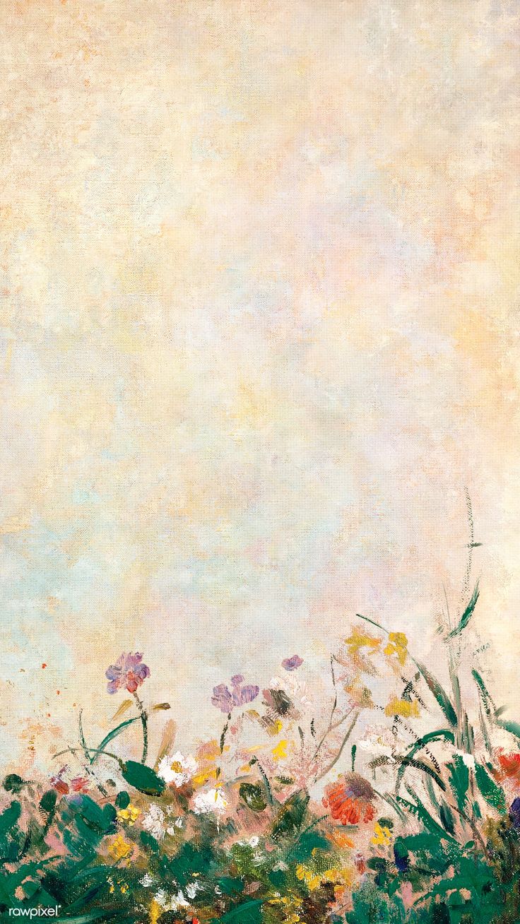 an abstract painting of flowers and grass with sky in the backgrounge background