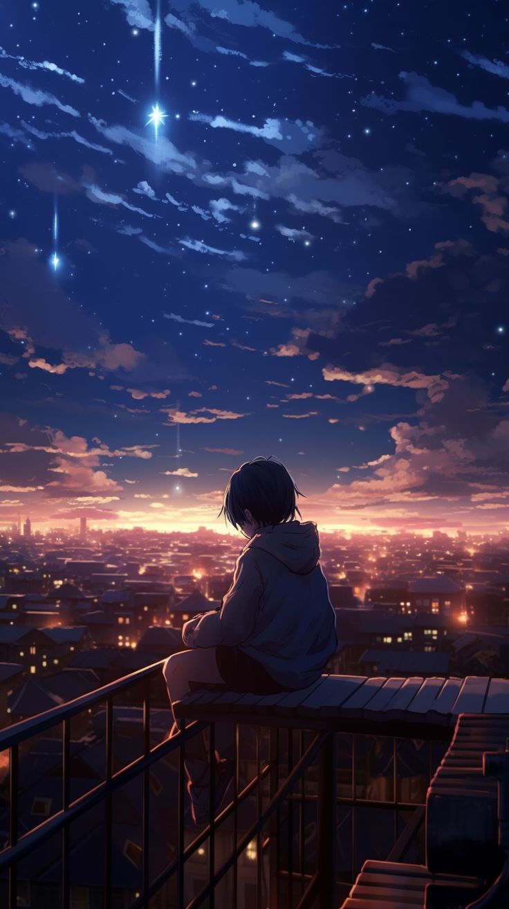 a person sitting on a balcony looking at the stars in the night sky above them