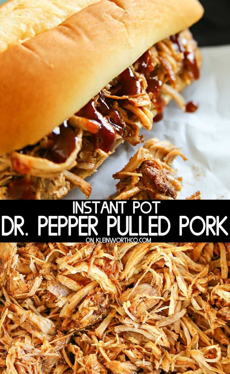 a pulled pork sandwich on a roll with bbq sauce in the middle and an instant pot roaster pulled pork