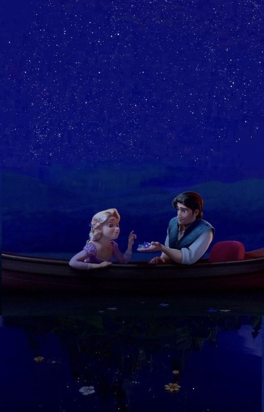 the princess and the frog are in a boat on the water at night with stars above them