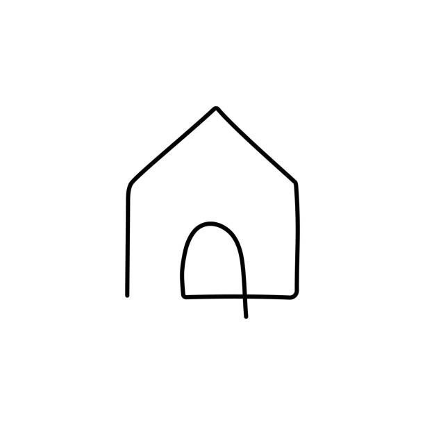 a black and white line drawing of a dog house on a white background, with the outline of an animal's head